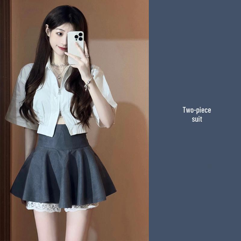 Summer French Chic Short Sleeve Shirt & High Waist Skort Set