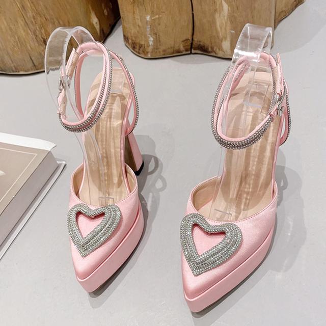 Spring Summer Rhinestone High Heels Women Sexy Crystal Heart Shape Buckle Pointed Toe Shoes Platform Pumps Sandals