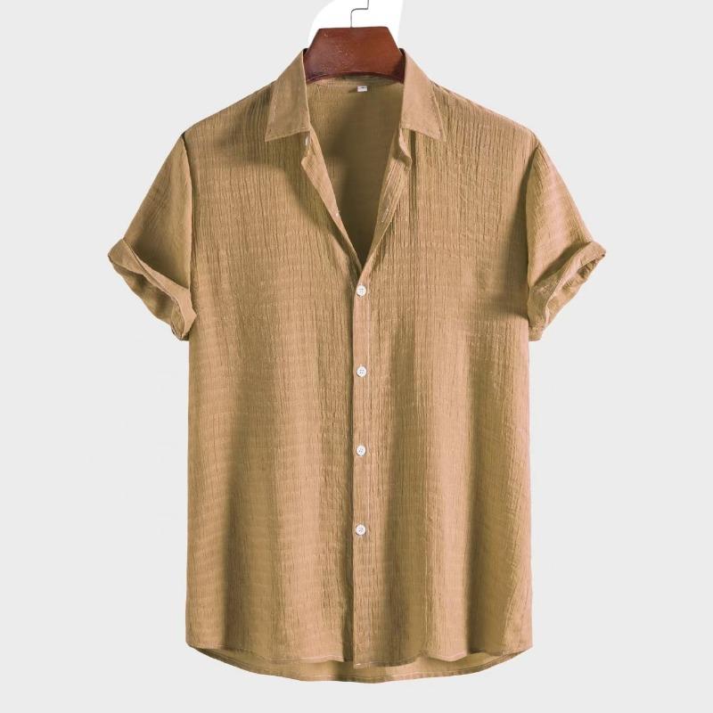 Men Fashion Casual Solid Color Stand Collar Short Sleeve Shirt