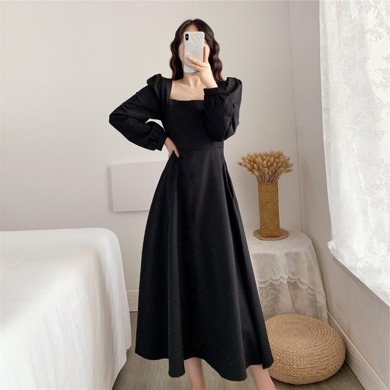 Spring Autumn Square Collar Elegant Fashion Solid A-line Dress Women Temperament Long Sleeve Robe Vestidos