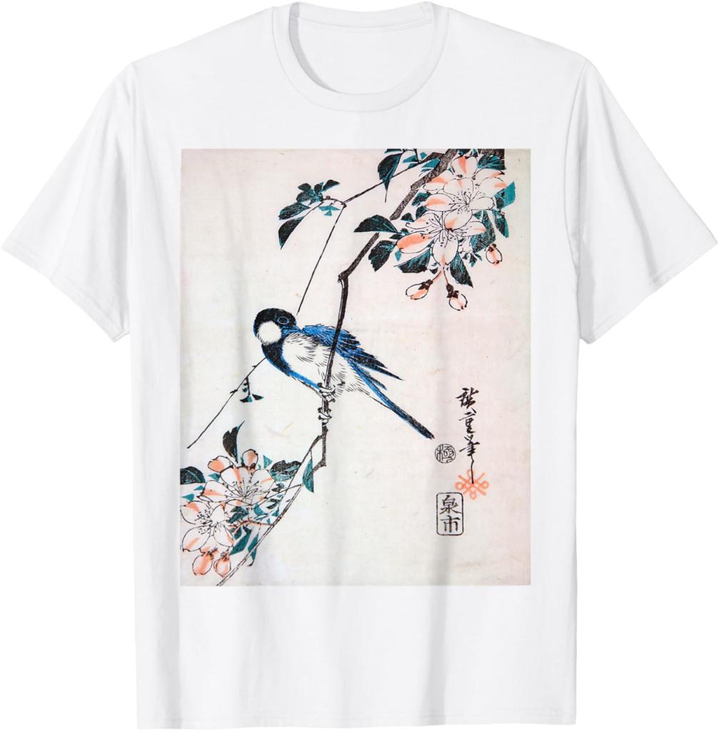 Great Titmouse on a Crab Apple Branch Utagawa Hiroshige Print Mens Casual Cotton TShirt