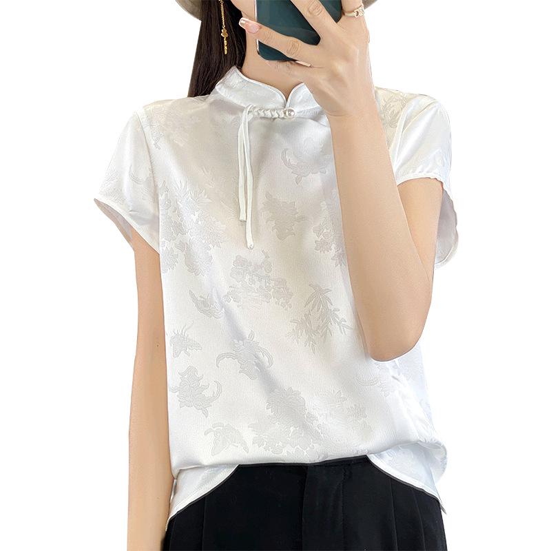 Women's 2025 Spring/Summer Chinese Faux Silk Jacquard Shirt - National Trend Tang Suit with Stand Collar and Diagonal Placket
