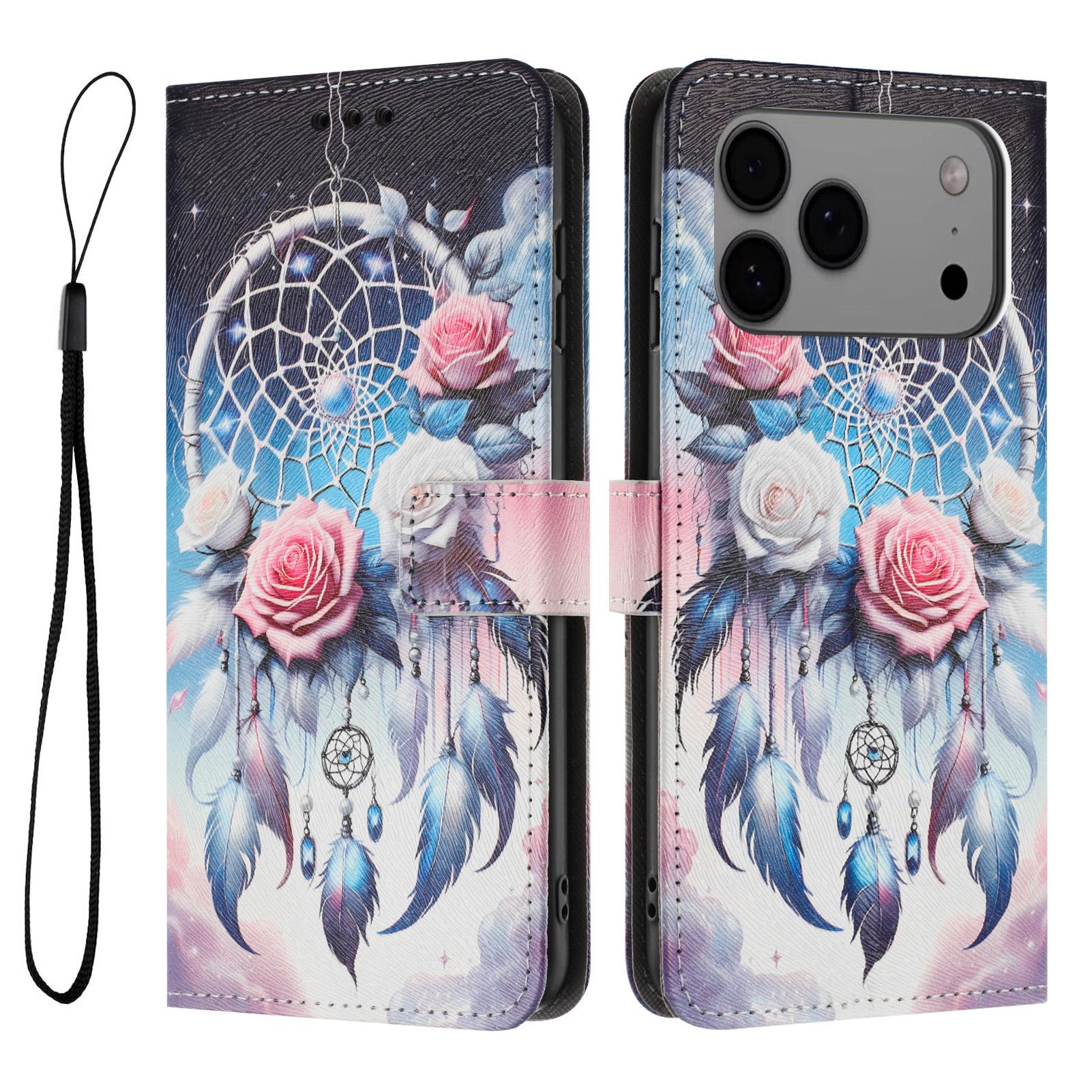 

For iPhone 17 Pro Max Wallet Case Pattern Printing PU Leather Phone Cover with Lanyard Flower Wind Chime