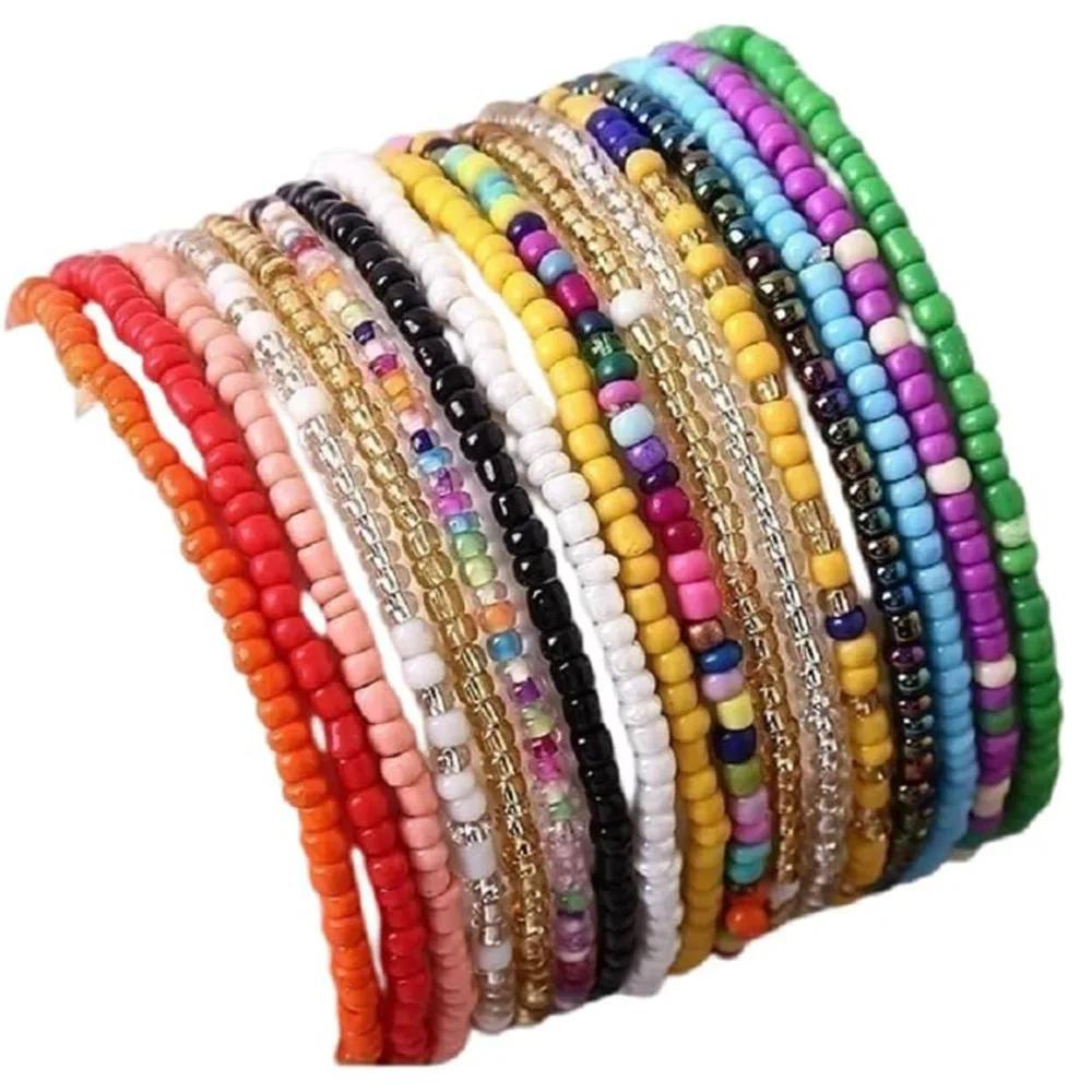 17pcs Set Bohemia Colorful String Beads Elastic Bracelet for Women Summer Beach Vacation Fold Wear Jewellery Sets Accessory Gift