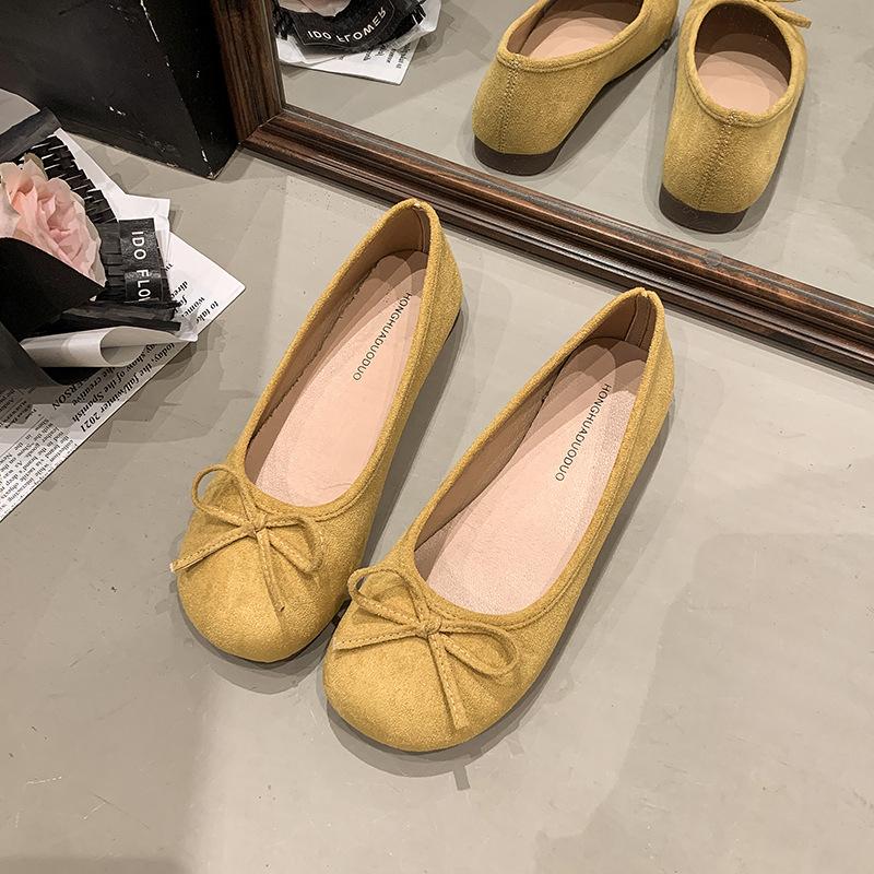 Französische Wildleder Schleife Ballerinas Frühling und Sommer neu sanfte Ein-Pedal weichgesichtige Damen Flats Tide