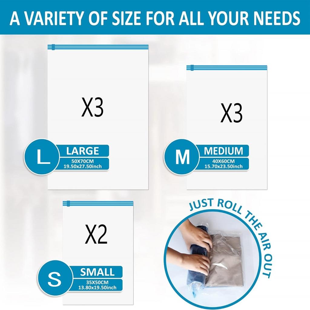 10 Pack Compression Bags Travel Essentials Space Saver Bags Hand Roll-Up Airtight Vacuum Storage Bags Clothes Organizers