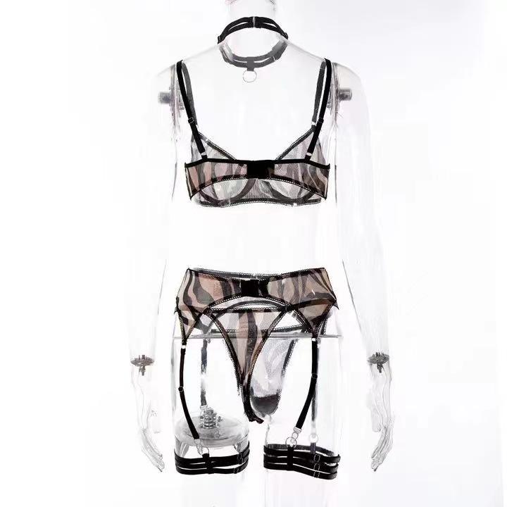 Zebra Pattern Mesh Lingerie - Sexy Three-Piece Set Available Now