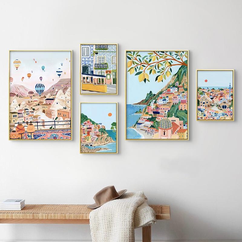 Famous City Tourism Poster Türkiye Italy Portugal Landscape Wall Art Oil Painting Nordic Living Room Home Decoration Picture