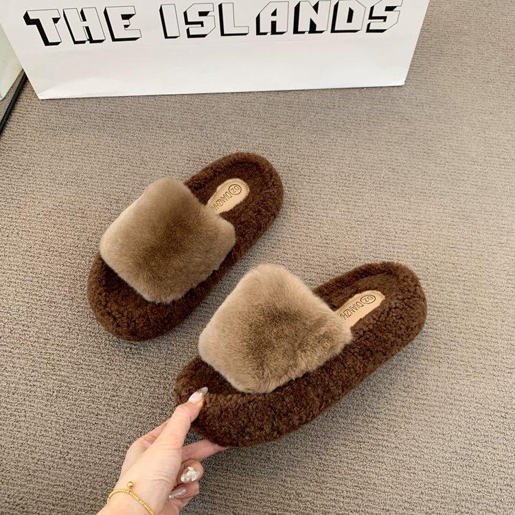 

[Youshilai] Huge good-looking gentle and advanced thick-soled fluffy slippers for women s autumn and winter new fashion cotton slippers for women 40 хаки