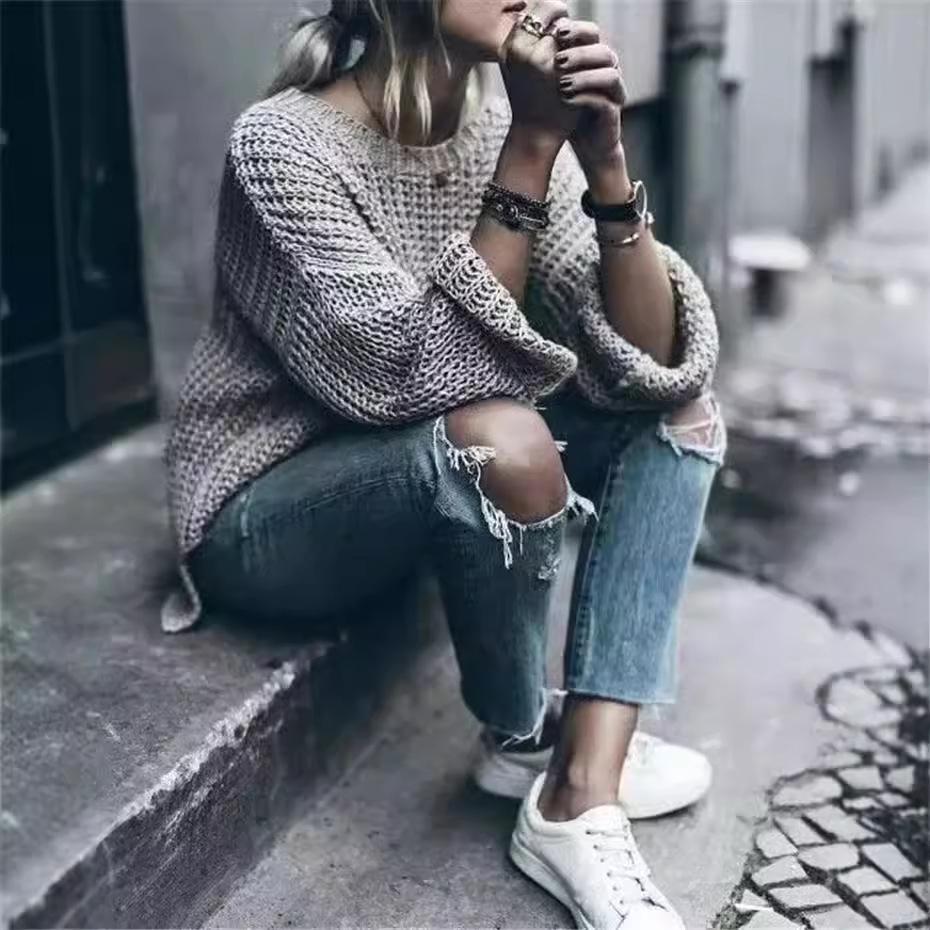 Women's Loose Plus Size Autumn/Winter Round Neck Pullover with Side Slits and Hollow Out Design