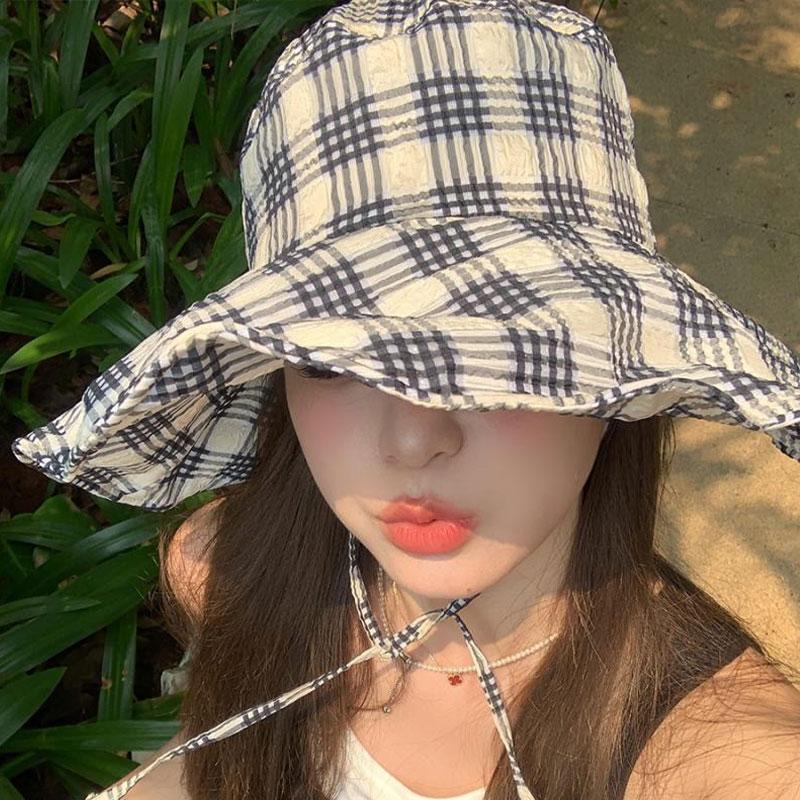 Korean Plaid Bucket Hat for Women Summer Sunshade Fisherman Cap Outdoor Beach Large Brim Panama Sun Hats