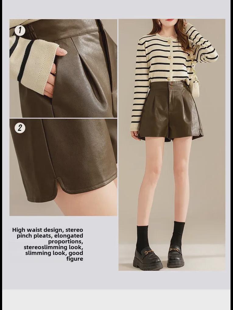 Braune PU-Ledershorts mit hoher Taille in A-Linie für Damen, Herbst/Winter 2025, Slim Fit, lässige Oberbekleidung mit weitem Bein.