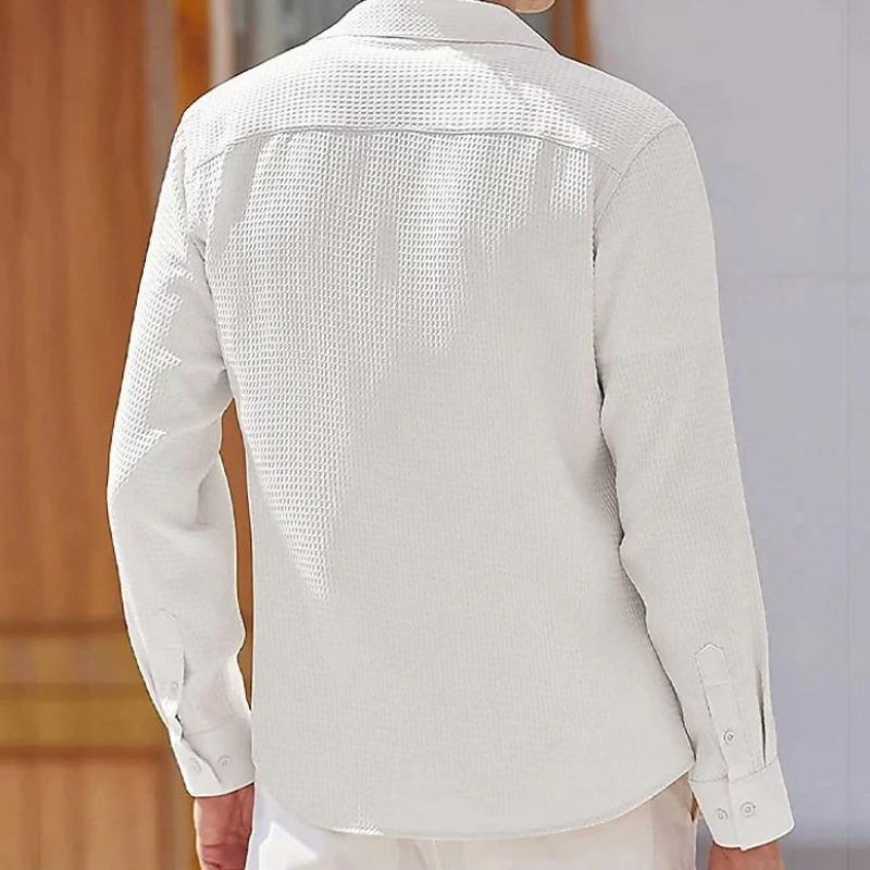 Spring Autumn Men's Plus Size Solid Color Long Sleeved Shirt Waffle Casual Collar Shirt Top
