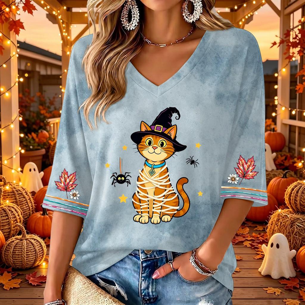 Women's V-Neck Three-Quarter Sleeve Casual Top with Halloween Print