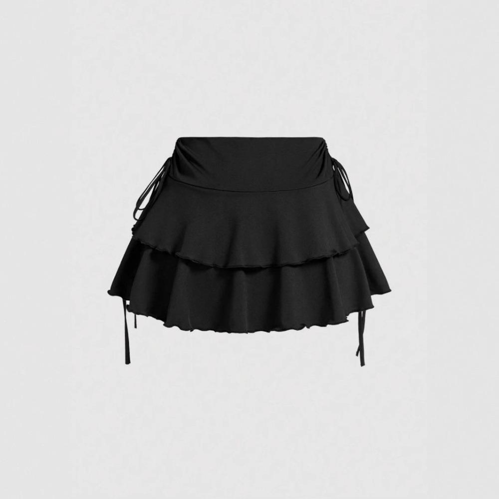 Vielseitiger Damen-Minirock mit Rüschen, Stufiger Fließender Rock mit Verstellbarem Kordelzug, Femininer Freizeitrock für Sommer & Täglichen Gebrauch