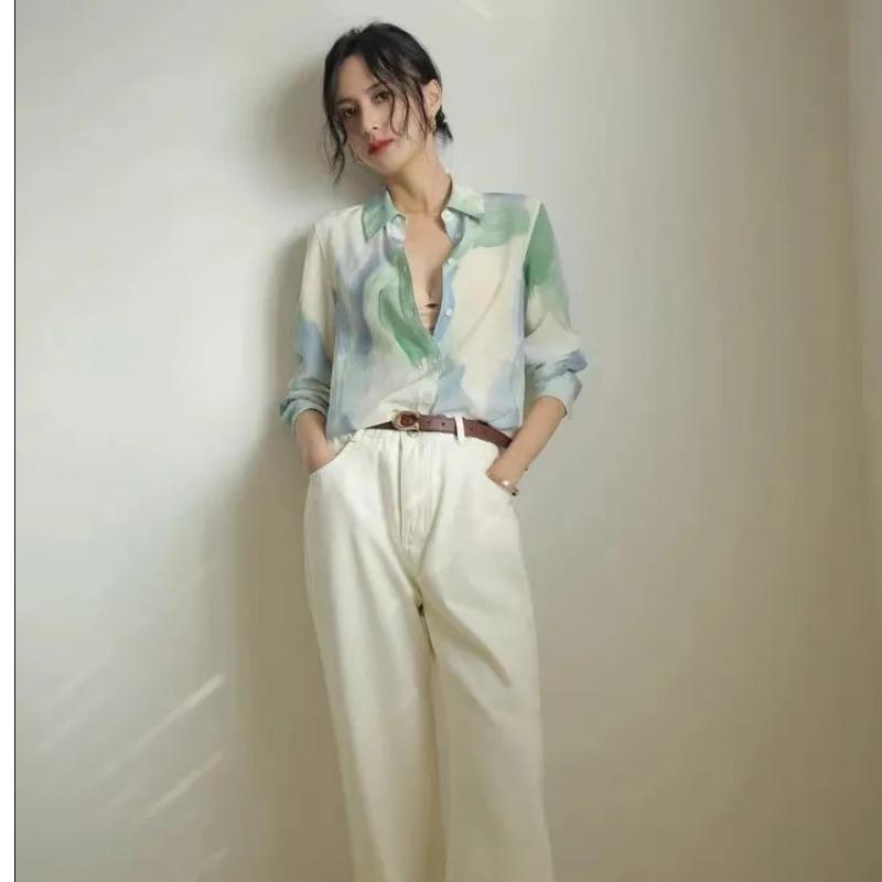 Elegant Watercolor Print Long Sleeve Button Up Shirt For Women