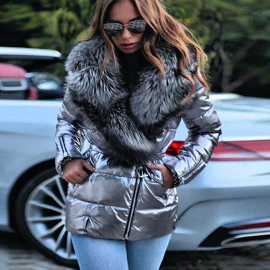 Winter Casual Overcoat Bright Surface Women Jacket Skin Touch Belt Great Faux Fur Collar Lady Puffer Cotton Coat Parka