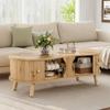 Pea-Shaped Coffee Table with Fluted Look, 2 Sliding Doors, Living Room Table, Wood Look, Solid Wood Legs, MDF Material