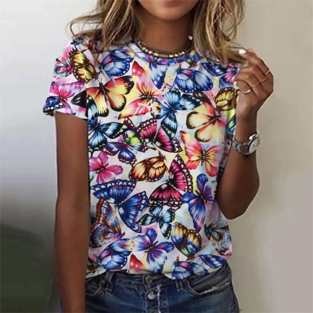 3D-printed Women's Butterfly T-shirts, Colored Insect Printed T-shirts, Summer Casual Short-sleeved Round-neck Loose T-shirts
