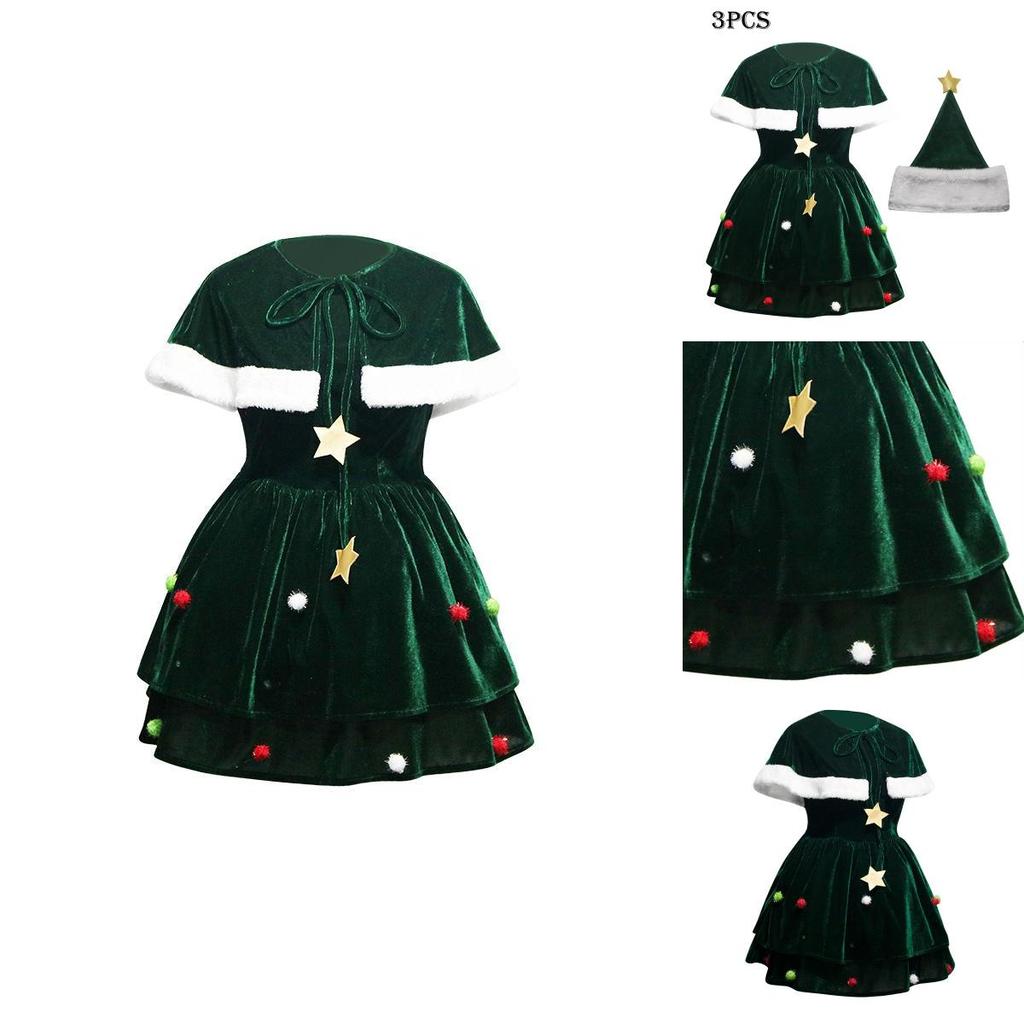 Gorgeous Women Christmas Tree Cosplay Costume Plus Size Xmas Dress Cloak Hat Party