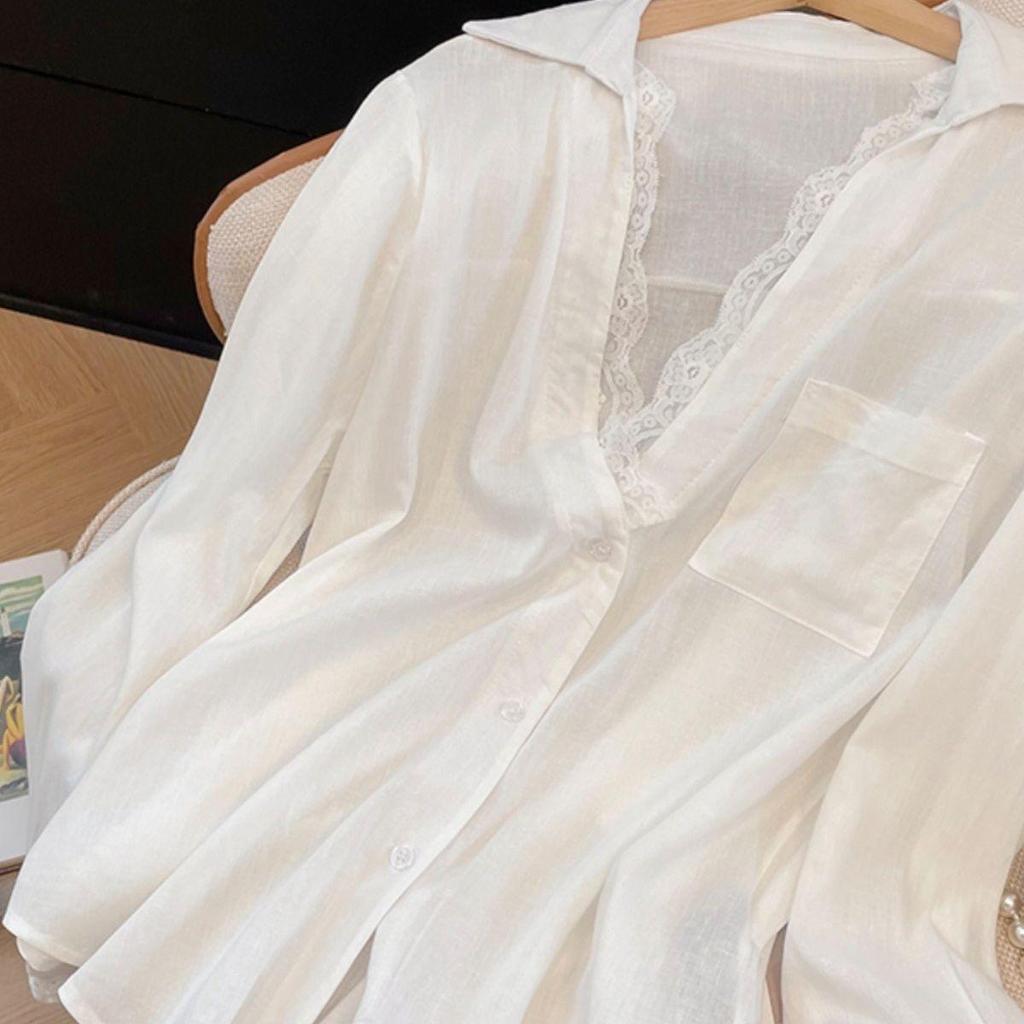 2024 Elegant Vit Tvådelad Spetsstickning Långärmad Lös Skjorttopp för Kvinnor