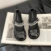 French bow pearl one-word small leather shoes women's 2025 new high heels women's shoes thick sole heightened thick heel single shoes