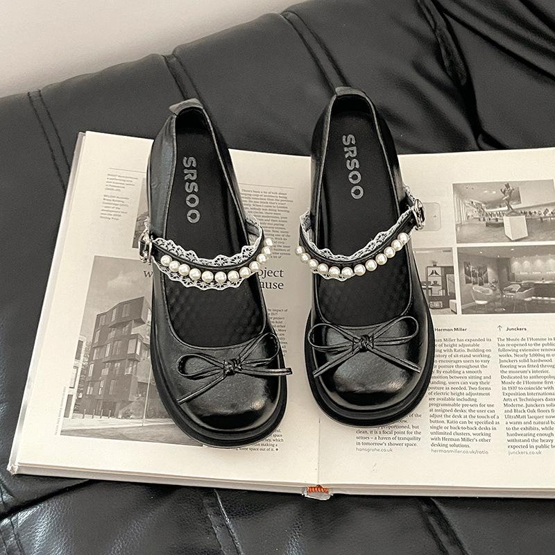 French bow pearl one-word small leather shoes women's 2025 new high heels women's shoes thick sole heightened thick heel single shoes
