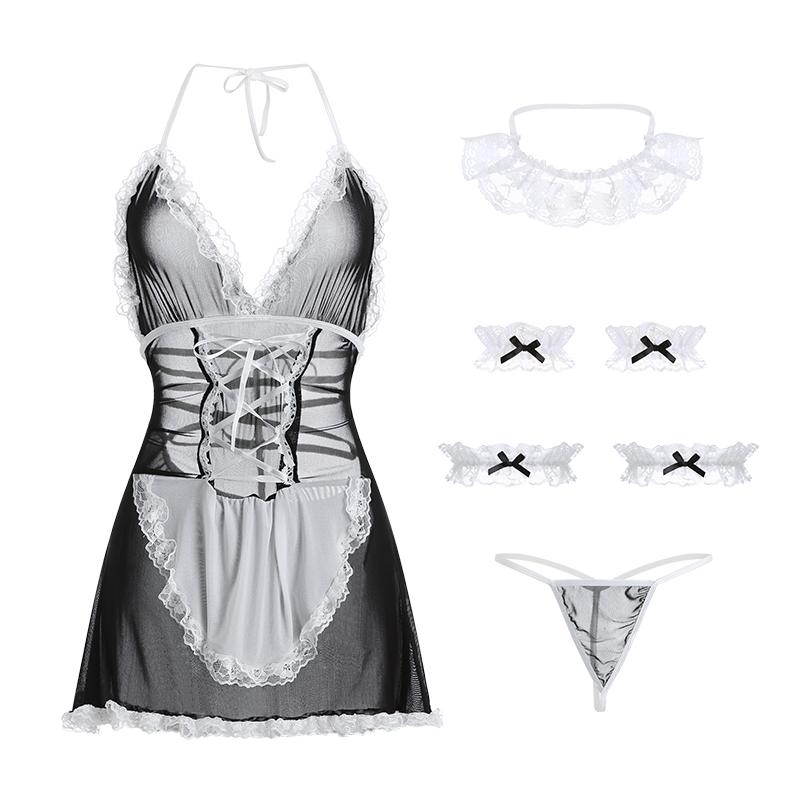 Sexy Lingerie Sexy Gauze Perspective Maid Sweet Lovely Apron Role Play Uniform Set