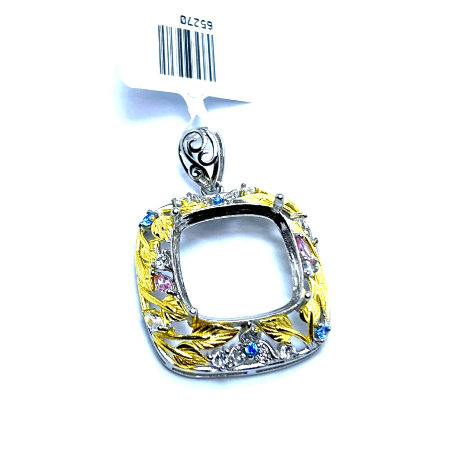 

S925 Two-Tone Electroplated Retro Sterling Silver Pendant with 16x16 Square Stone Setting S925 Silver