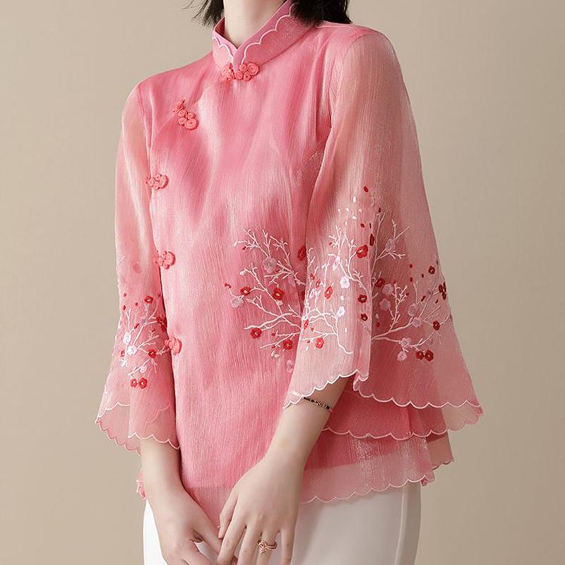 Chinese Style Embroidered Blouse Modified Stand Collar Bat Sleeve Loose Top Vintage Temperament Women's Clothing