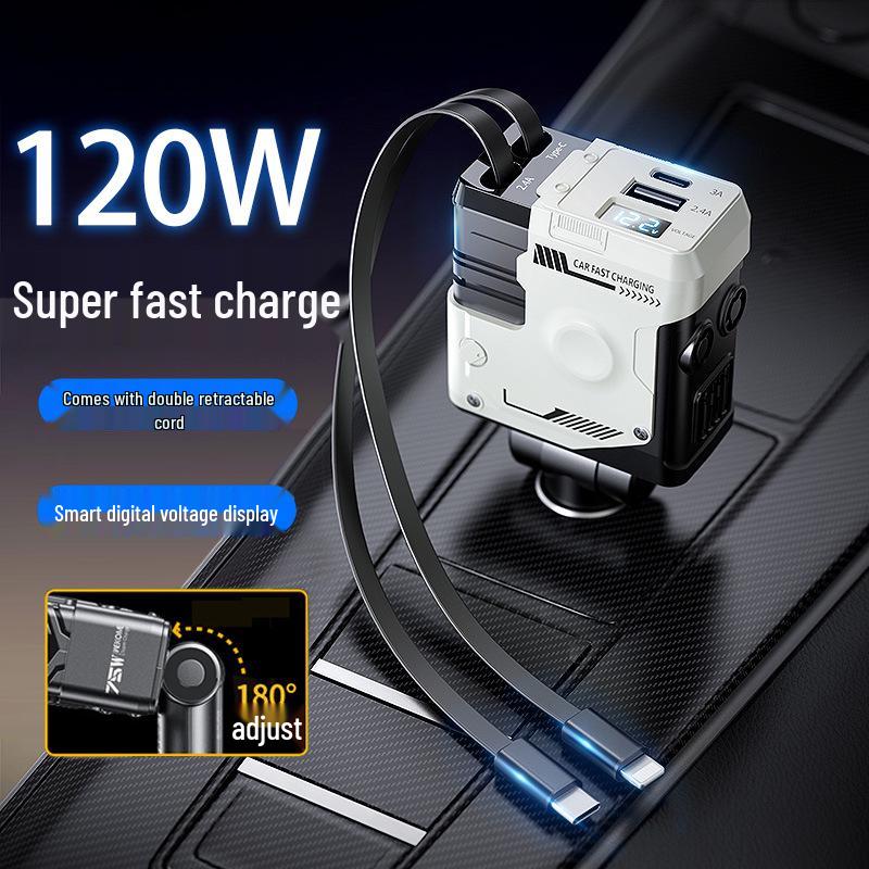 

Сверхбыстрое автомобильное зарядное устройство мощностью 120 Вт с выдвижным кабелем и адаптером для прикуривателя на 5 портов