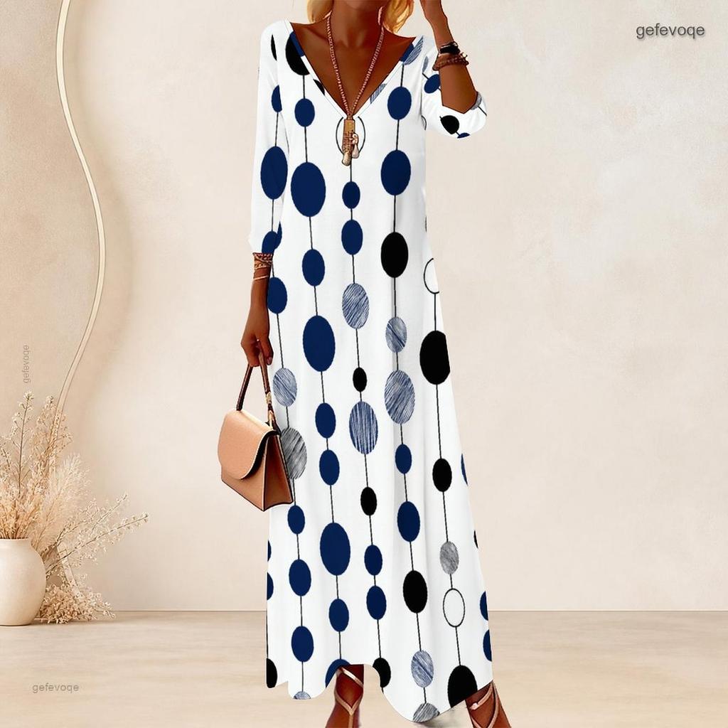 Women Plus Size V Neck Three Quarter Sleeve Polka Dot Printed Long Dress
