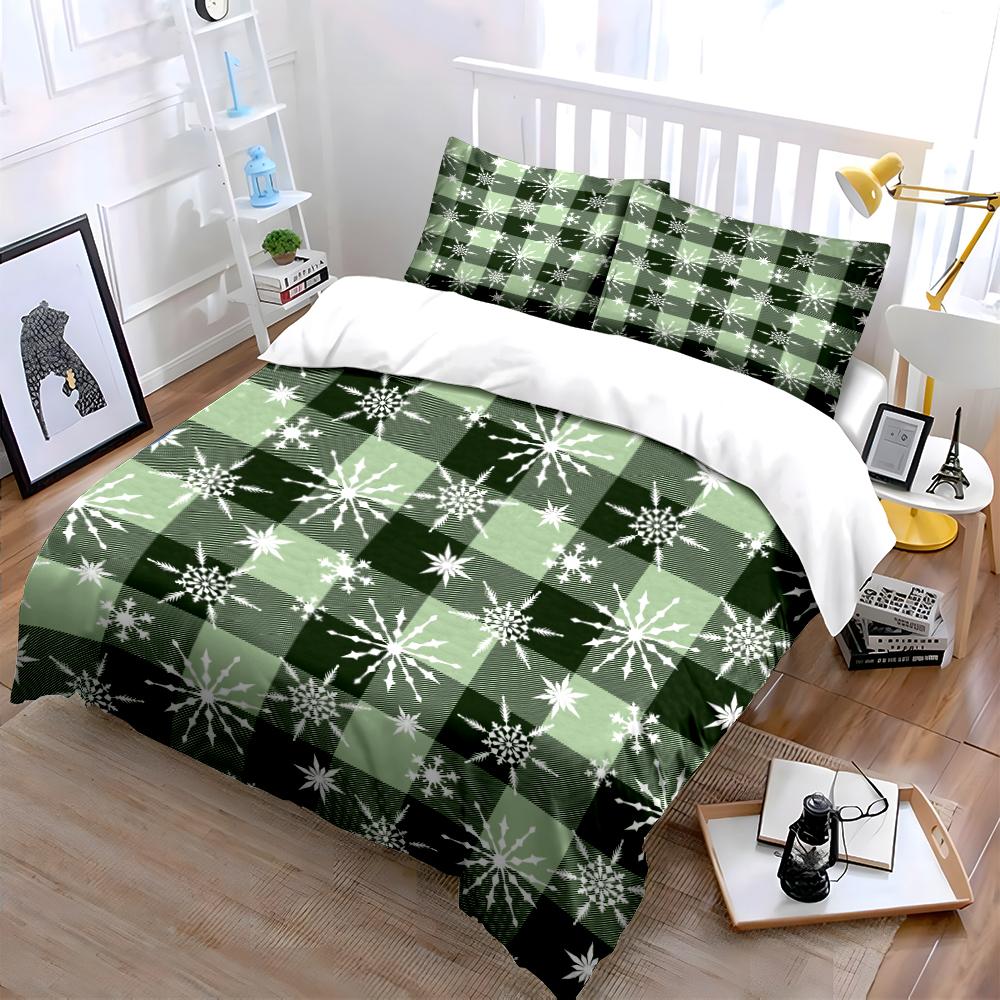 Green Plaid Snowflake Pattern Bedding Set Bedding set (1 duvet cover, 2 pillowcases, duvet not included)