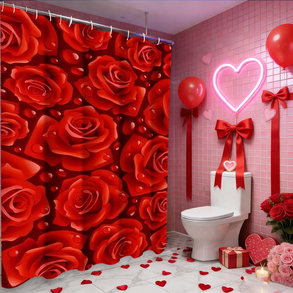Valentine's Day Love Heart Rose shower curtain, bathroom shower waterproof curtain with 12 hooks, fish shaped home decoration