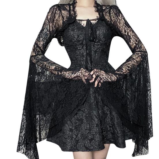 

Vintage Gothic Black Lace T-shirt Elegant Flared Sleeve Smock Top See Through Sexy Cropped Tops Cardigan Streetwear S чорний