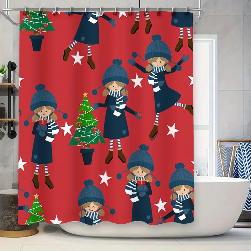 Winter Christmas-themed shower curtain with cartoon girl design for bathroom decor