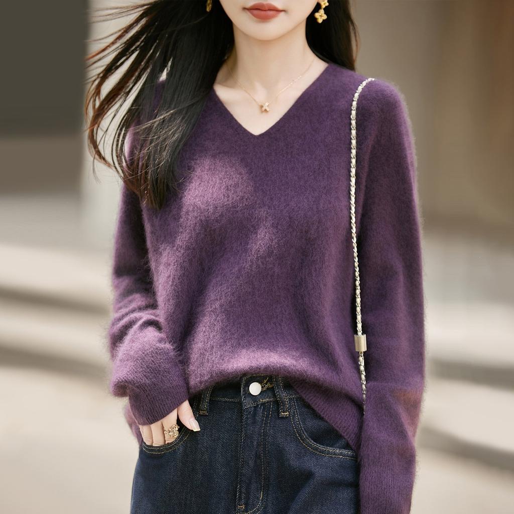 Seamless Brushed Knitted Wool Sweater for Women with V-neck, Loose Fit, Long-sleeved Top