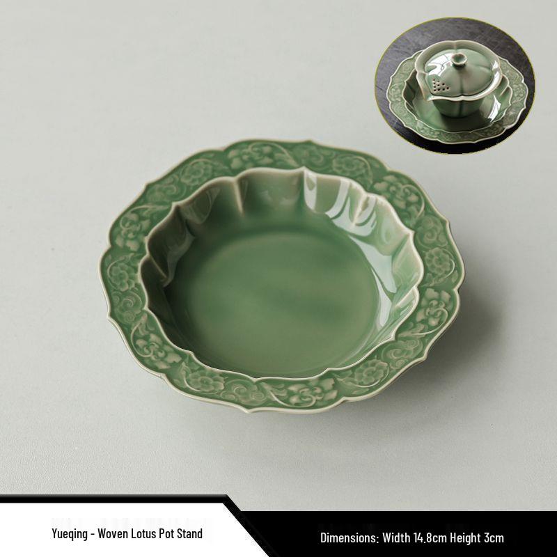 Celadon Ruyi Tea Set: Embossed Gaiwan, Teapot, Cup, Can, and Ornament