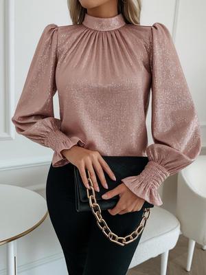 2025 French Fashion Semi-High Collar Lantern Sleeve Satin Shirt for Women