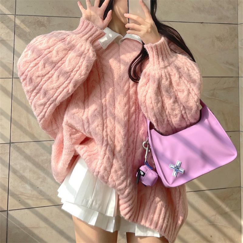 Осень-зима женский свитер Harajuku свободный вязаный пуловер с длинным рукавом и V-образным вырезом трикотаж однотонный свободный джемпер One size розовый 1959₽