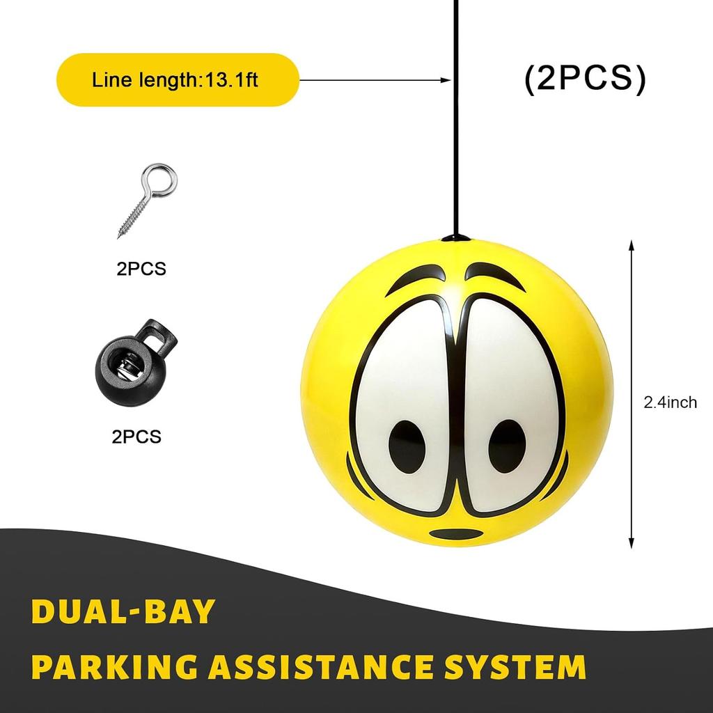 2 PCS Garage Parking Aid, Funny Parking Guide Balls Car Stoppers with Screw Hooks & Cord Locks, Retractable Garage Stop Indicators Universal
