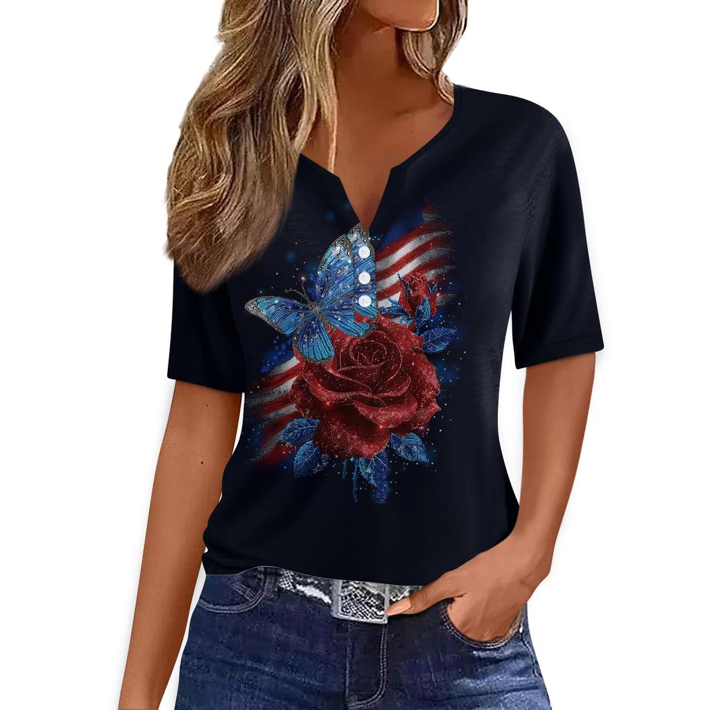 Women's Casual V Neck Short Sleeve T Shirt with Button Detail Independence Day Print Butterfly and Floral Pattern Top
