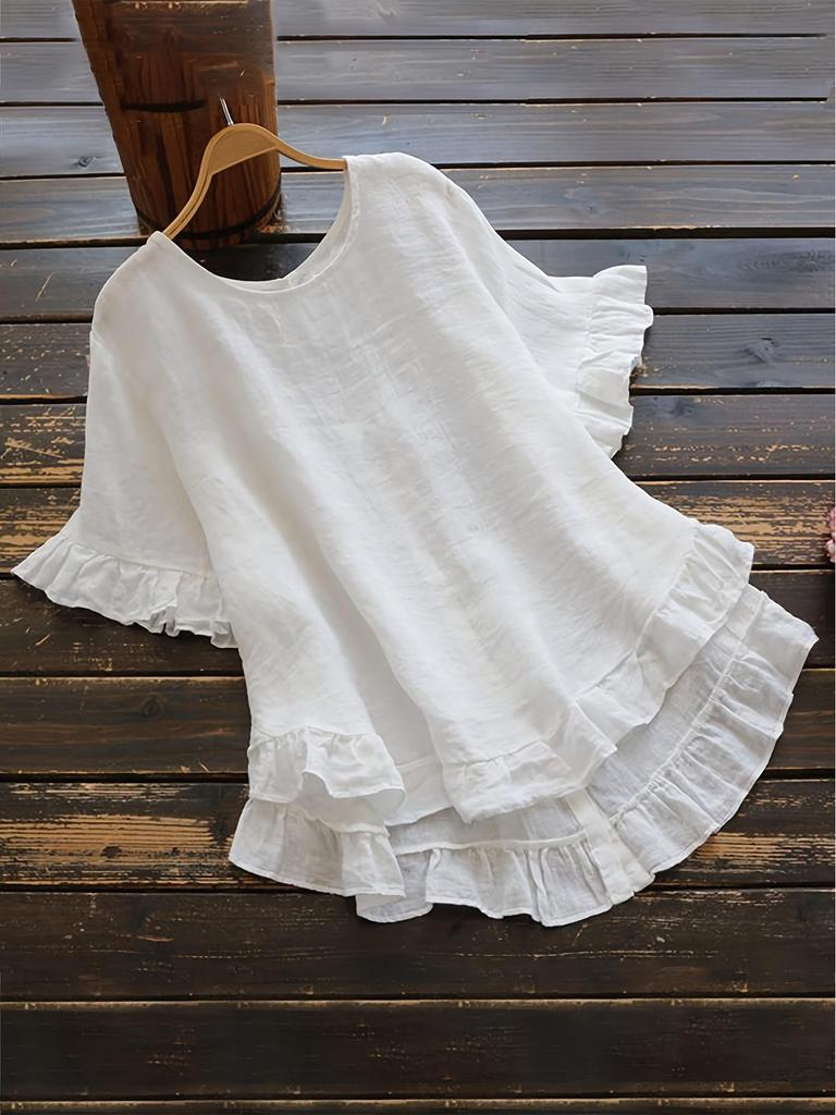 2024 Solid Color Ruffle Round Neck Short Sleeve Button Women's Shirt