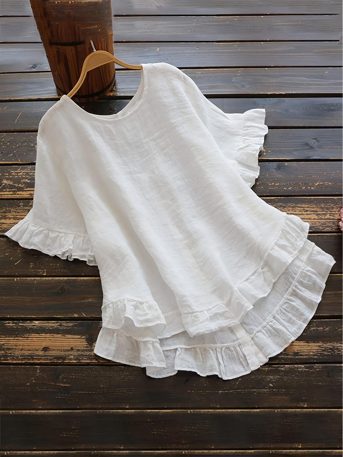 

2024 Однотонная рубашка с оборками, круглым вырезом, коротким рукавом и пуговицами для женщин XXL