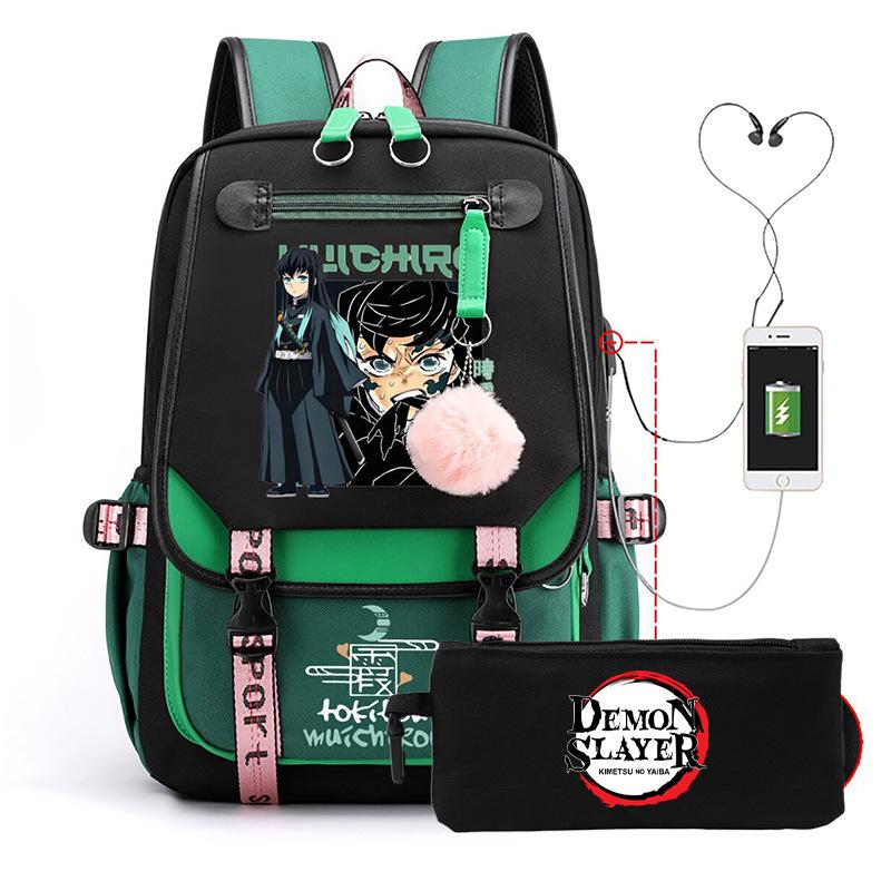 Casual Korean version schoolbag ghost extermination animation two-dimensional trend boys and girls USB backpack two-piece set