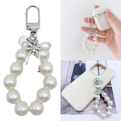 Bowknot Shaped Keychain Pendant Pearls Beaded Butterfly Knot Key Chain Fashionable Bow Ornament for Phones and Bag