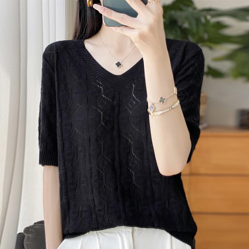 Women Knit T-shirt Summer Knitted Shirt Short Sleeve Tees V-neck Pullover Knit Tops Female
