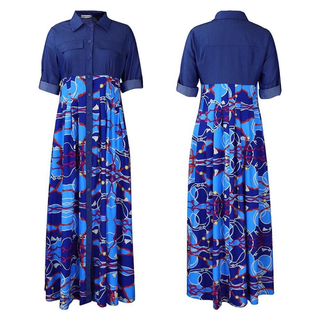 LYRIA Women Long Sleeve Printing Red Blue Long Dress Maxi Dress