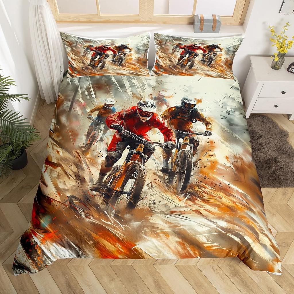 Bicycle Rider Duvet Cover Toddler Size For KidsMountain Bike Bedding Set For Teens AdultsWatercolor Quilt Cover