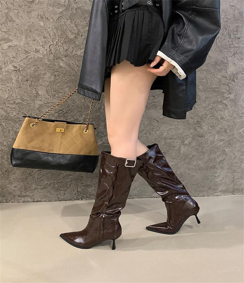 

Vintage Western Pile Boots Women s 2025 Summer New Square Head Thin Heel Wide Tube Belt Buckle Folded Calf Boots 39 темно-коричневого кольору